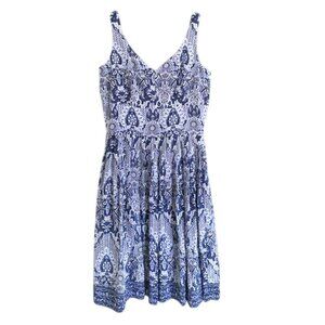 Talbots Silk Floral Print V-Neck Midi Fit-N-Flare Dress Lined Back Zip Size 12